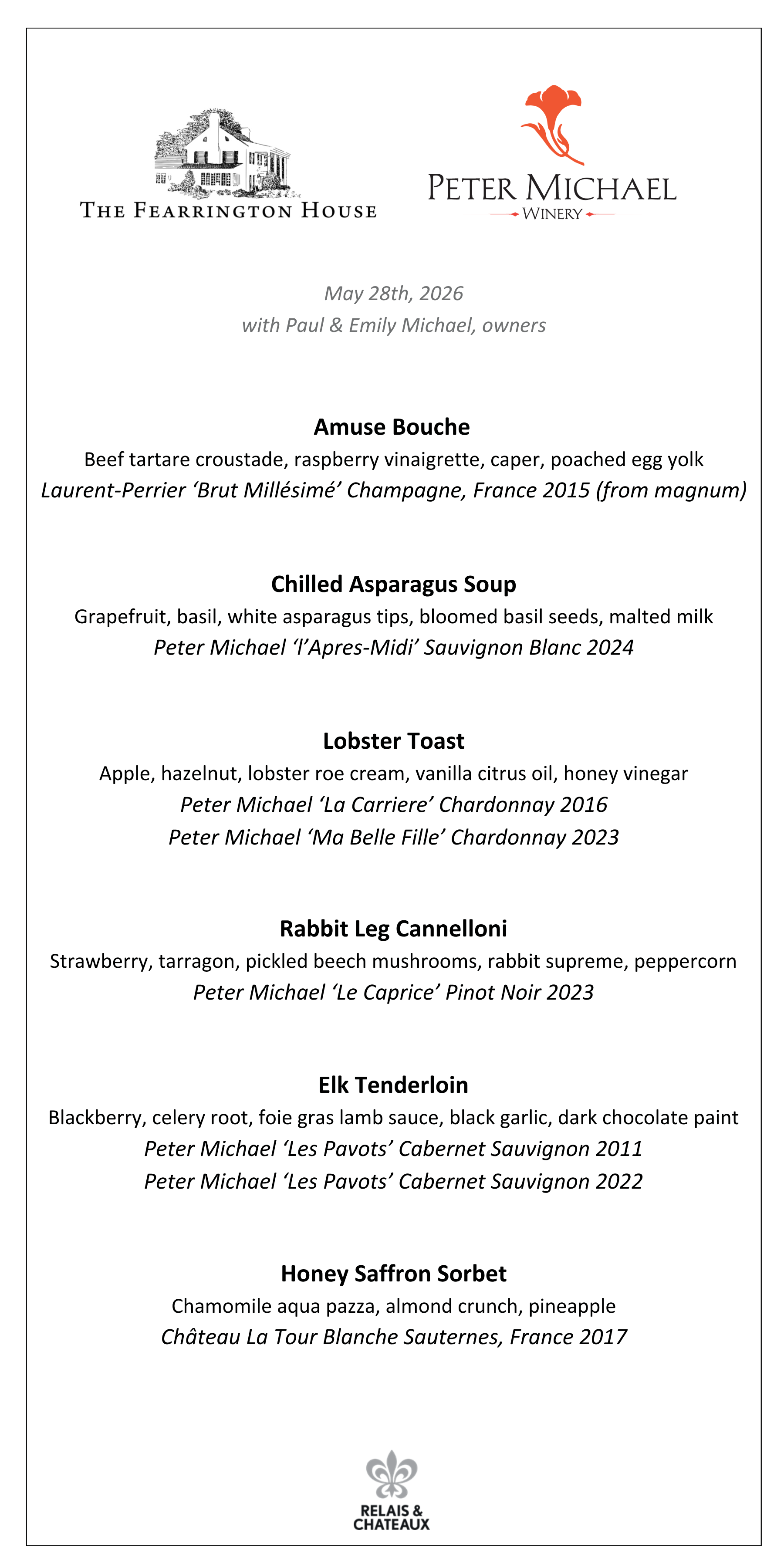 Elegant tasting menu from The Fearrington House and Peter Michael Winery for May 28, 2026, featuring a multi-course dinner with wine pairings including Champagne, Sauvignon Blanc, Chardonnay, Pinot Noir, Cabernet Sauvignon, and Sauternes.