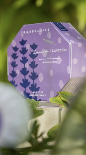 Purple octagonal box of Baudelair Lavender artisan soap, labeled made in France, displayed among green foliage.