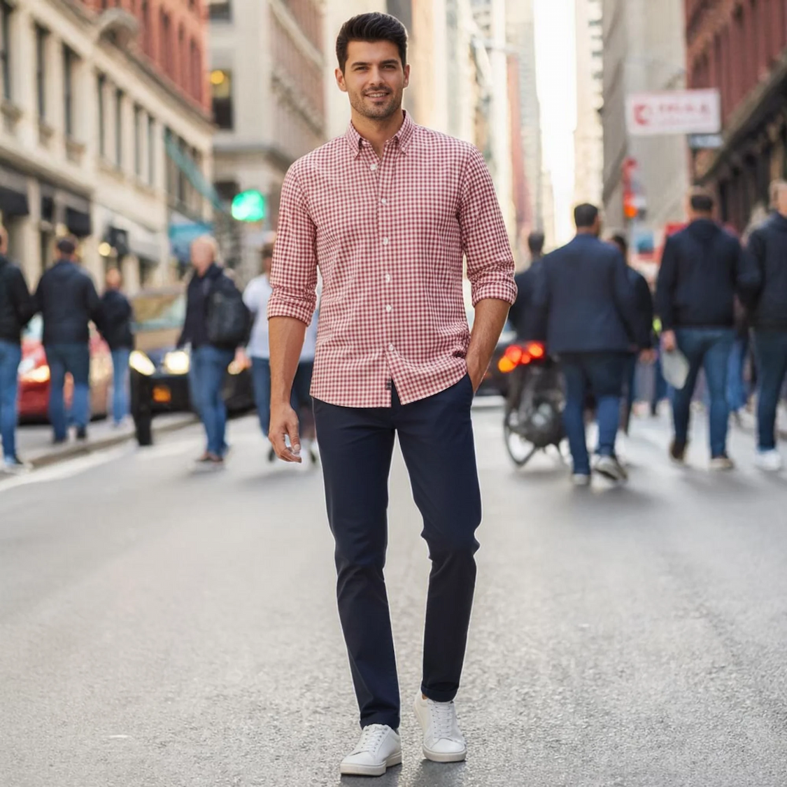 Man wearing a red gingham button-down shirt, navy pants, and white sneakers on a city street. Fearrington Village.