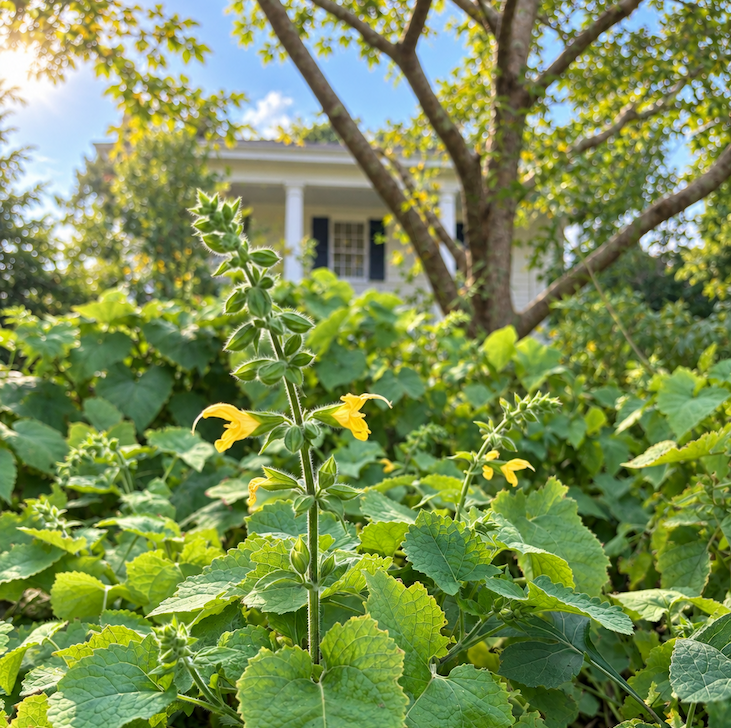 Yellow-flowering salvia stands among lush green foliage in a sunlit garden, framed by a leafy tree and a white house beneath a blue sky. Fearrington Village.