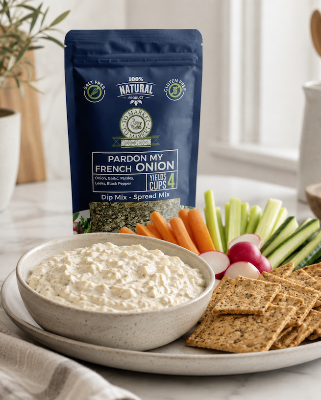 French onion dip served with fresh vegetables and crackers, with Pardon My French Onion dip mix. Fearrington Village.