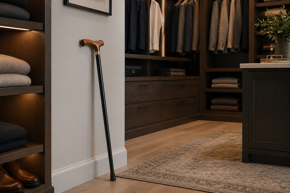 A wooden-handled walking cane with a black shaft leans against a light wall in a modern walk-in closet, surrounded by dark wood cabinetry, neatly folded clothes, and hanging jackets, with soft lighting and a patterned rug underfoot.