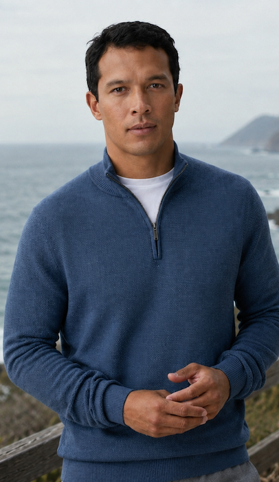 Portrait of a man standing outdoors by the ocean wearing a textured blue quarter-zip sweater layered over a white tee. Soft coastal light, rocky shoreline views, and muted blue-gray tones create a relaxed yet polished seaside look.