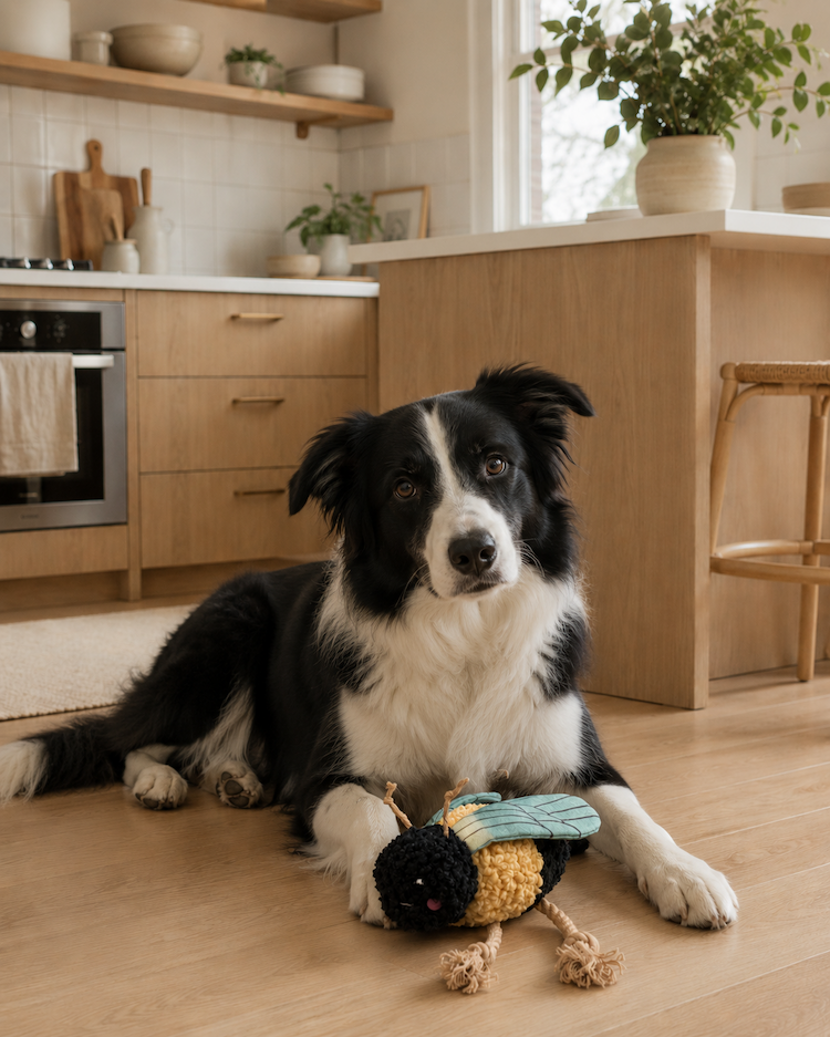 A black-and-white dog lies on a light wood floor in a bright Scandinavian-style kitchen, looking attentively toward the camera. Resting between its front paws is a plush bee-shaped dog toy with rope legs and soft mint-green wings. The warm, minimalist kitchen features natural wood cabinetry, open shelving, potted greenery, and abundant natural light, creating a cozy, modern atmosphere.