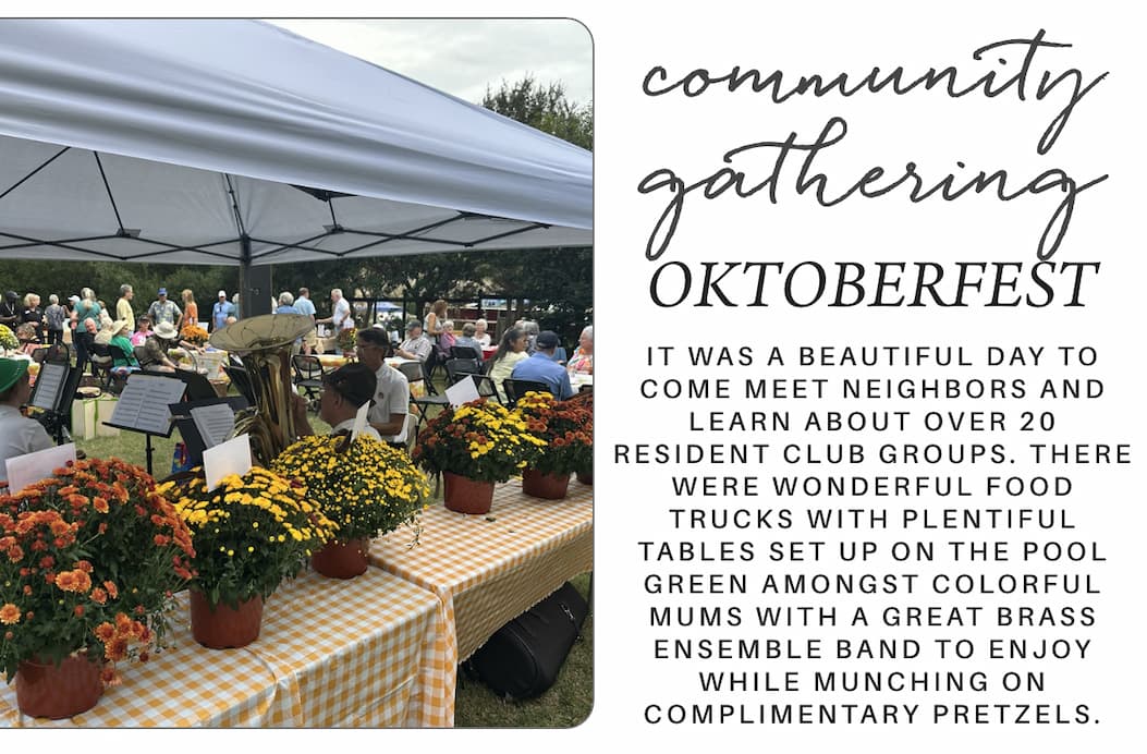 A community Oktoberfest event with people seated at tables under a canopy, a brass band playing, and colorful potted mums in the foreground. Text describes the festive atmosphere, food trucks, and complimentary pretzels. Fearrington Village