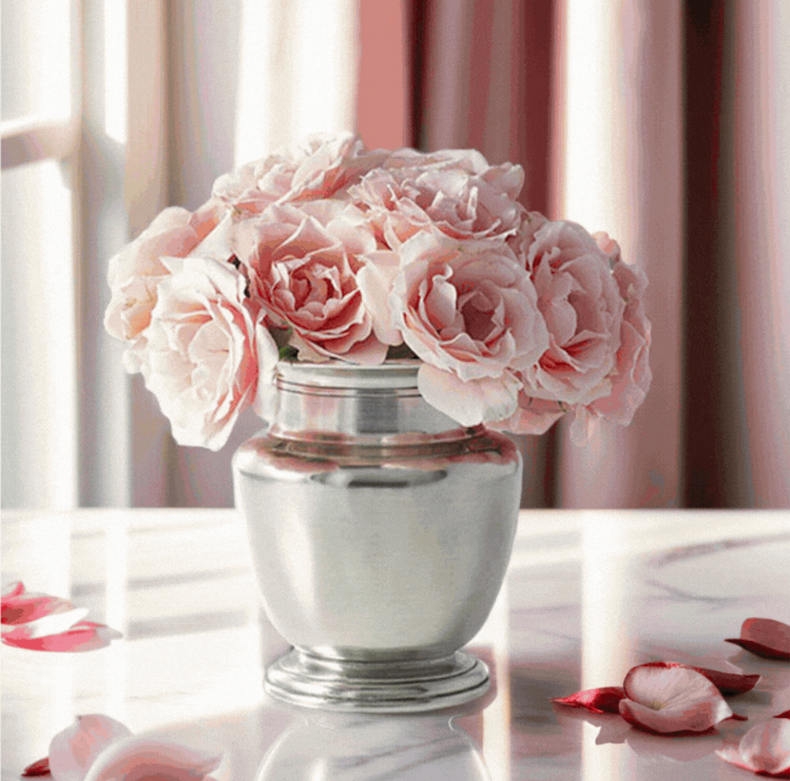 A polished pewter vase holds a soft arrangement of blush pink roses, set on a reflective surface with scattered petals, framed by warm light filtering through sheer curtains in the background.