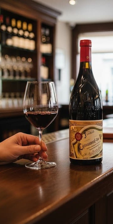 A glass of red wine is held at a wooden bar beside an open bottle, with softly lit shelves of wine and glassware in the background creating a warm, intimate tasting room setting.
