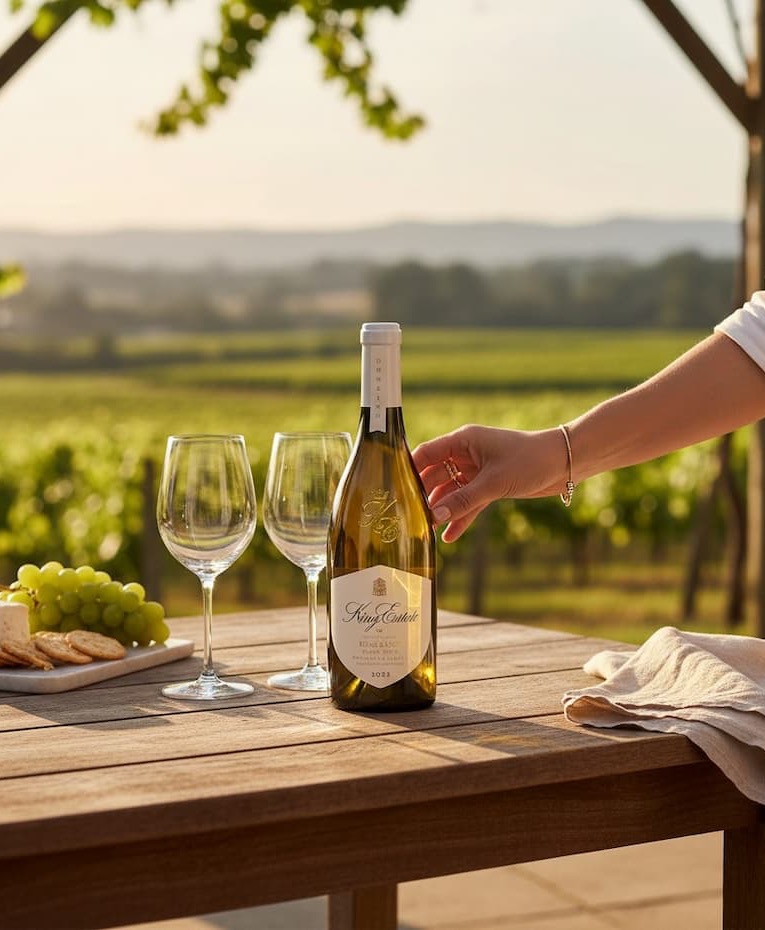 Bottle of white wine and two empty wine glasses arranged on a wooden table overlooking sunlit vineyards. A hand reaches for the bottle while grapes, crackers, and soft linen accents create an inviting scene for outdoor wine tasting and leisurely entertaining.