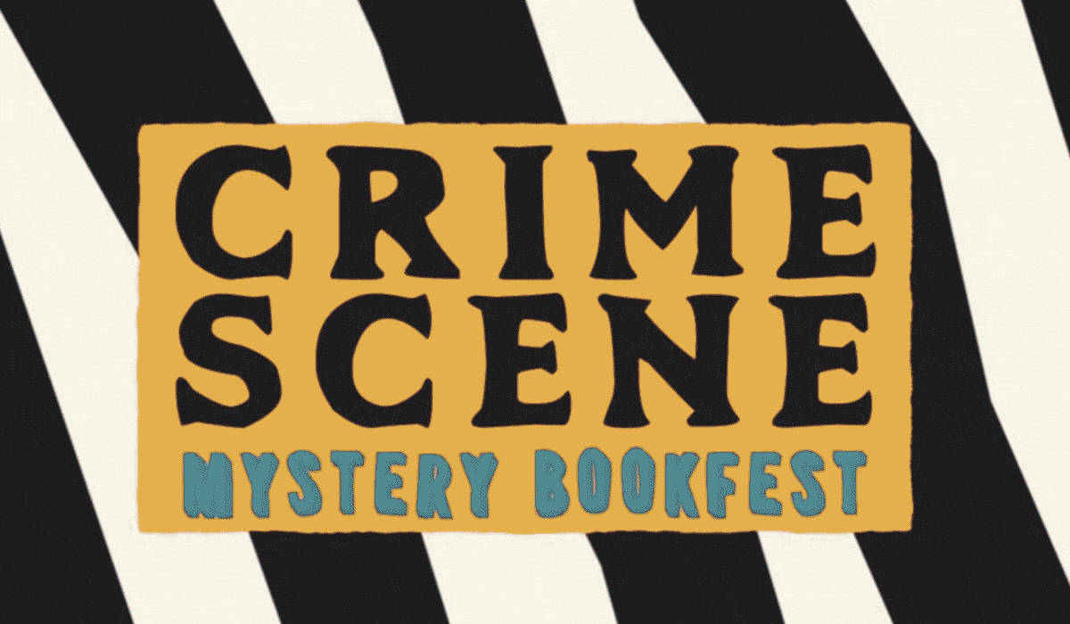 Graphic reading “Crime Scene Mystery Bookfest” in bold black lettering on a mustard-yellow block, with teal text for “Mystery Bookfest,” set against a high-contrast black-and-white diagonal striped background.