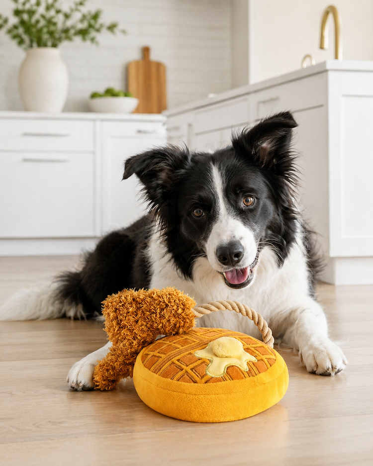 A black-and-white dog lies on a light wood floor in a bright, modern white kitchen, looking toward the camera with a playful expression, with a waffle-shaped plush toy and a fuzzy toy beside it.