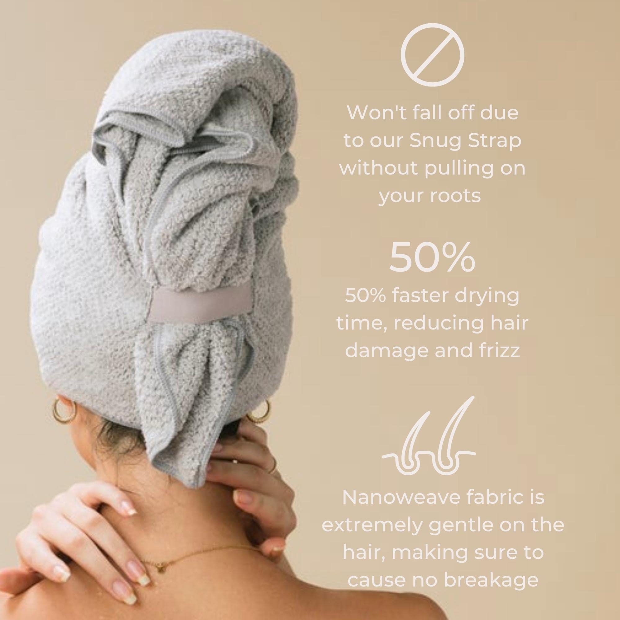 Person seen from behind with hair wrapped in a gray microfiber towel secured with a strap, highlighting features like secure fit, faster drying, and gentle fabric on a beige background with product benefit text.