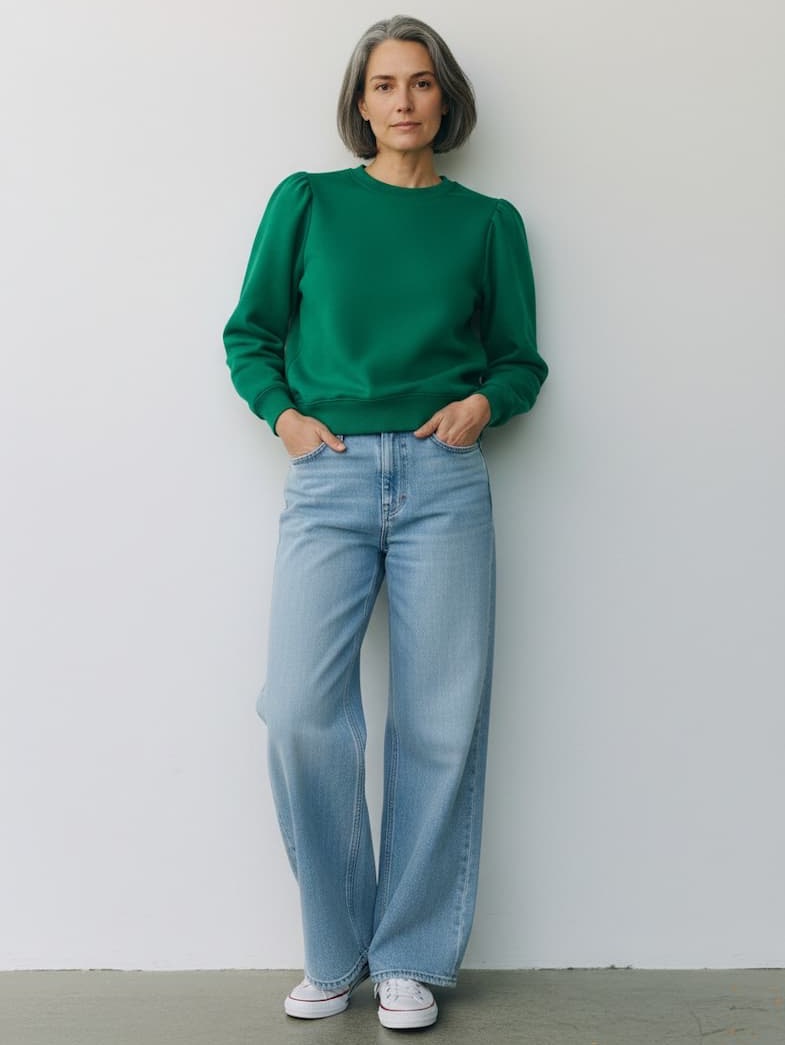 Woman wearing a green sweatshirt and light-wash wide-leg jeans, standing casually against a neutral wall with hands in pockets.