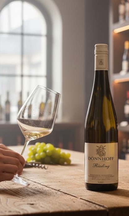Bottle of Dönnhoff Riesling on a wooden table in a wine shop, with a partially filled wine glass, grapes, and shelves of bottles in the background.