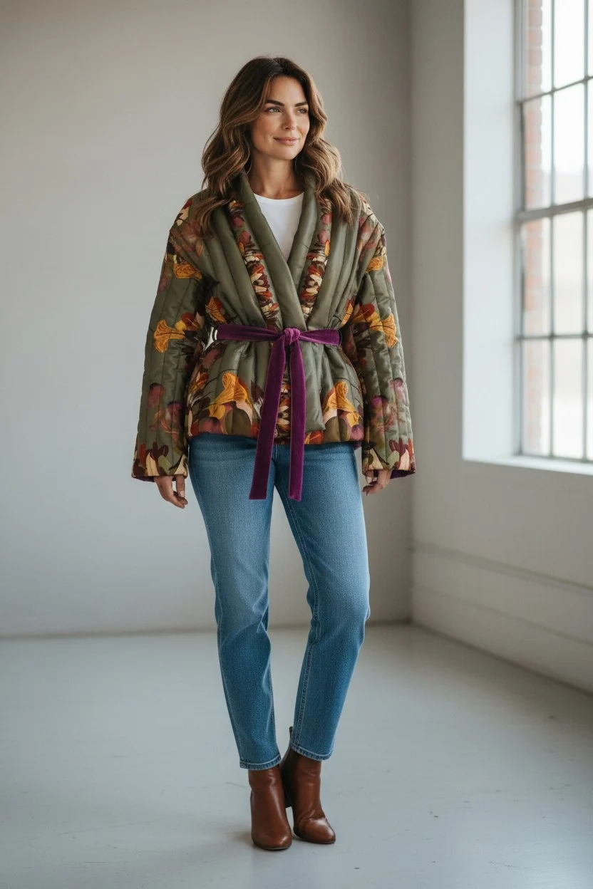 Woman wearing a quilted olive green floral jacket with a purple velvet tie belt, jeans and brown ankle boots. Fearrington Village.
