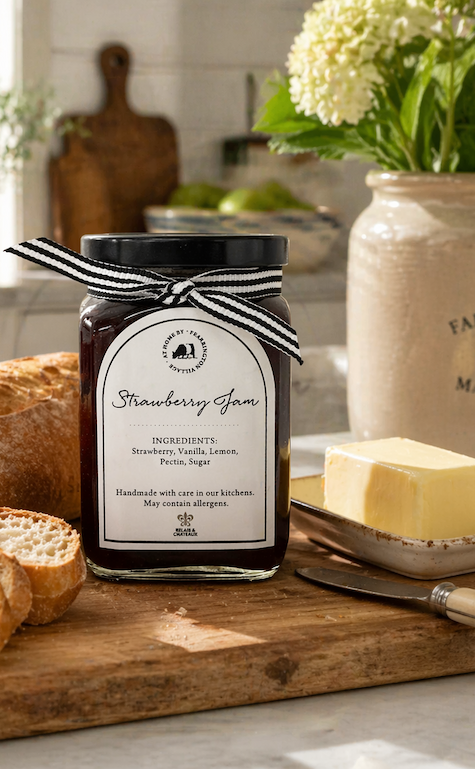Jar of strawberry jam tied with a black-and-white ribbon sits on a wooden cutting board in a bright farmhouse kitchen. It’s styled with sliced crusty baguette, a pat of butter on a small dish, and soft natural light, with a ceramic crock and flowers in the background creating a warm, inviting scene.