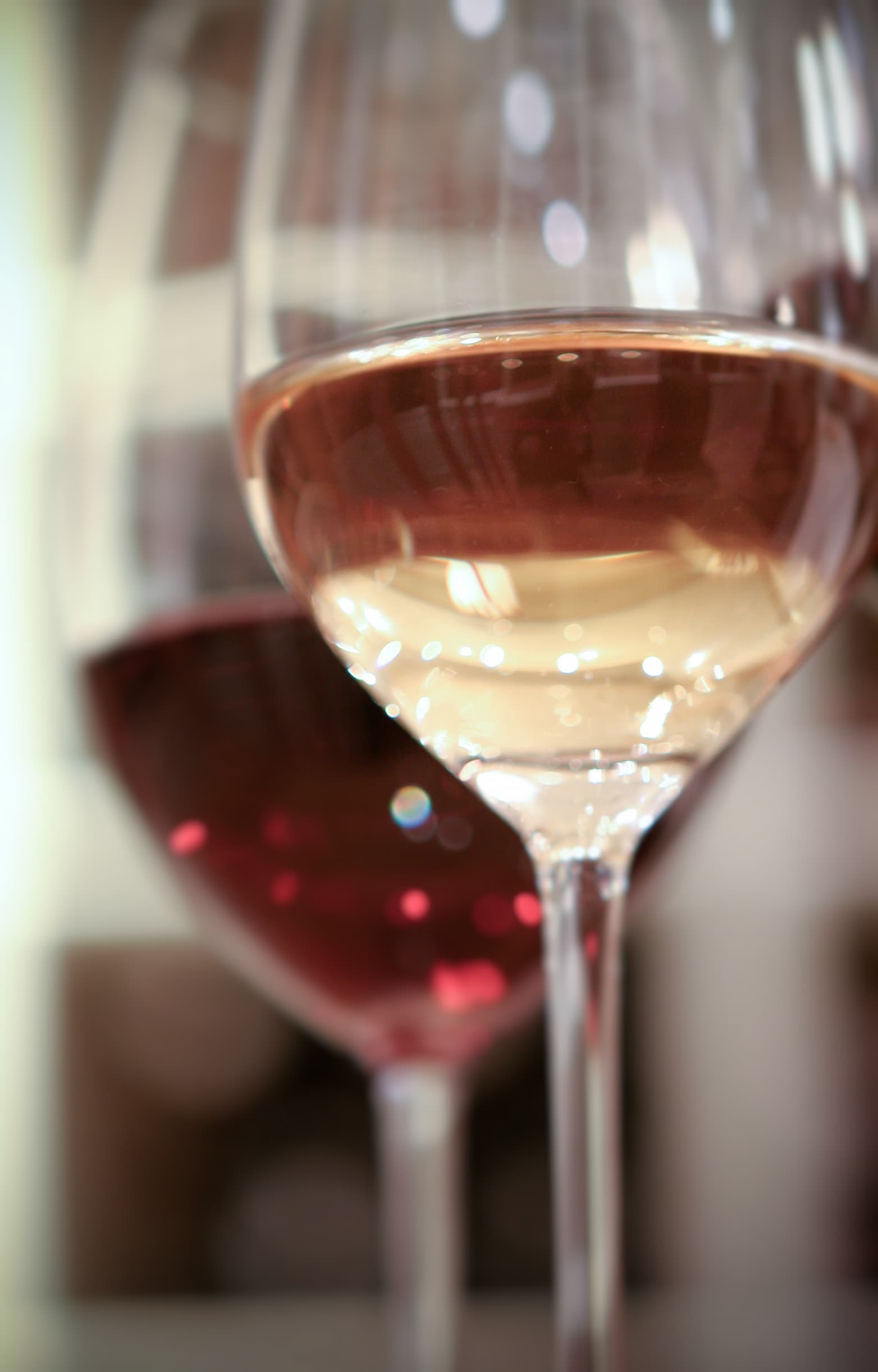 Close-up of two elegant wine glasses, one filled with pale rosé and the other with deeper ruby-colored wine, photographed with a shallow depth of field. The foreground glass is in sharp focus, highlighting the wine’s delicate color and reflections, while the second glass softly blurs into the background, creating a warm, sophisticated tasting-room atmosphere.
