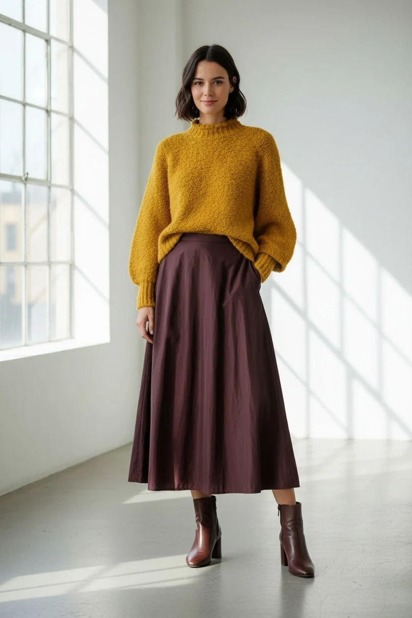 Woman wearing a mustard textured sweater with a deep burgundy midi skirt and brown ankle boots. Fearrington Village.
