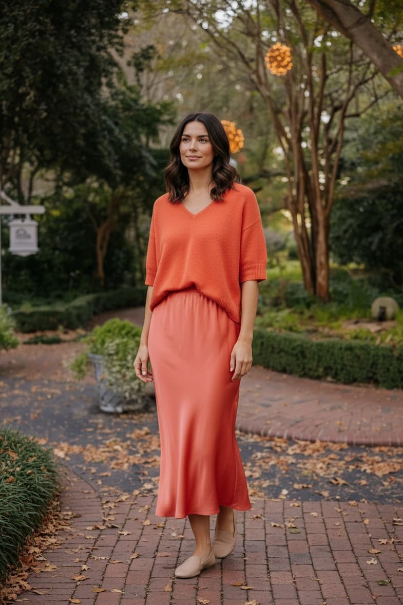 Woman in a coral sweater and matching skirt walking along a brick garden path, surrounded by trees and greenery with soft lights in the background.