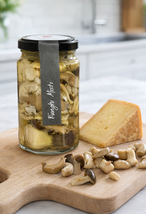 A jar labeled “Funghi Misti” filled with mixed marinated mushrooms sits on a wooden cutting board beside a wedge of cheese and scattered mushrooms in a bright kitchen setting.