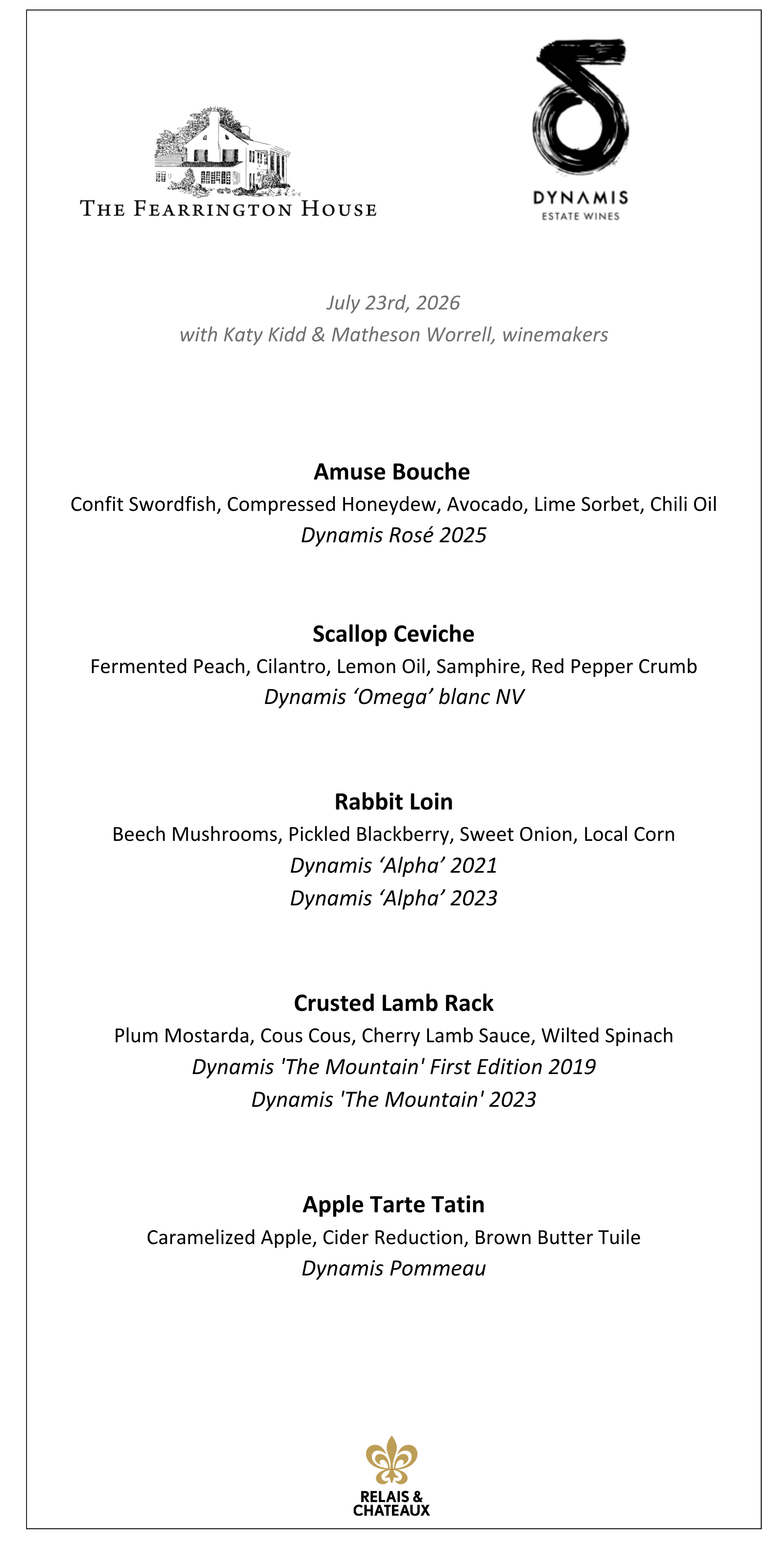 Menu for a five-course wine dinner featuring Dynamis Estate Wines at The Fearrington House on July 23, 2026. Fearrington Village.