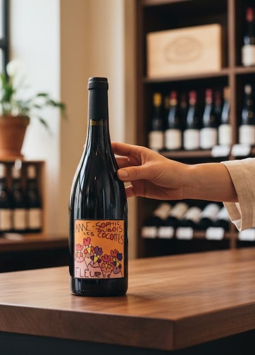 A hand reaches toward a wine bottle with a colorful illustrated label, set on a wooden counter in a softly lit wine shop with shelves of bottles in the background.