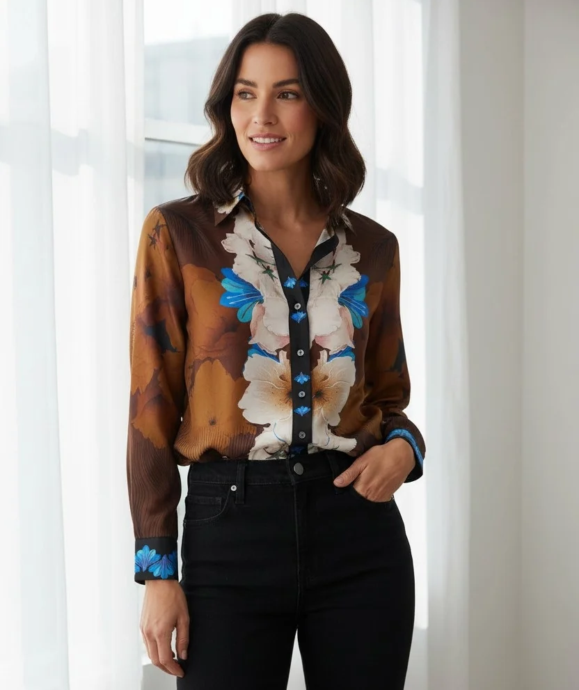 Model wearing Franco Ferrari patterned blouse. Fearrington Village.