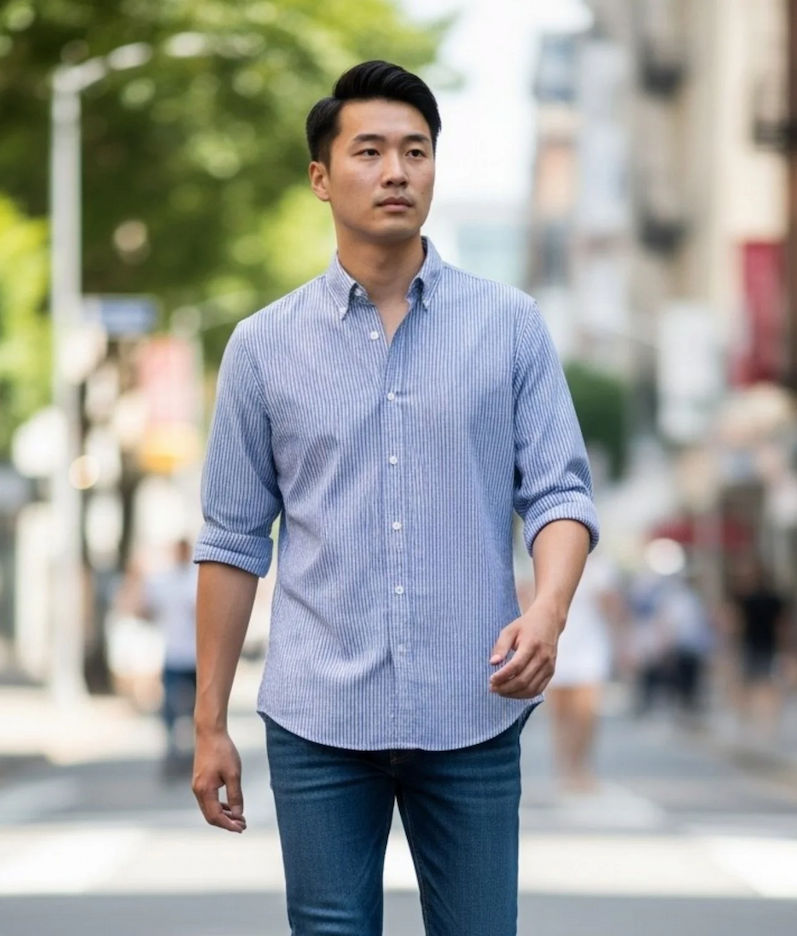 Blue micro-stripe button-down shirt with rolled sleeves, paired with dark wash jeans, shown on a model walking outdoors. Fearrington Village.