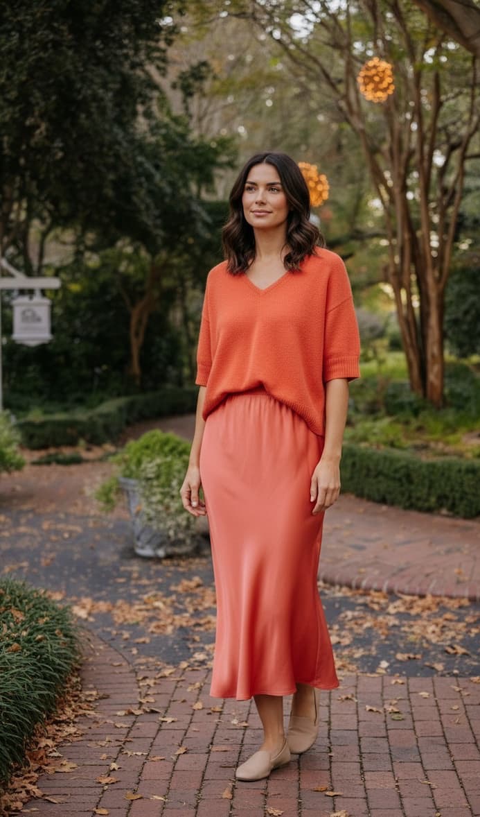 Woman walking along a garden path wearing a coral knit top and matching skirt, with soft lighting and greenery in the background.
