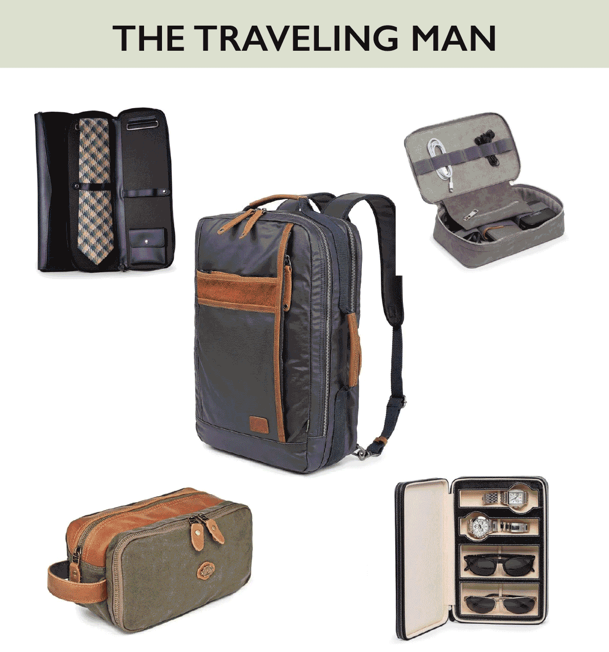 rotating collection of images for father's day gift ideas for the golfer, the gamer, the mixologist, the sun & fun-er, the traveling man, the accessorized, the leather lover, the scent-sitive, the hat-thusiast, the accessorized, the fun-dationalist