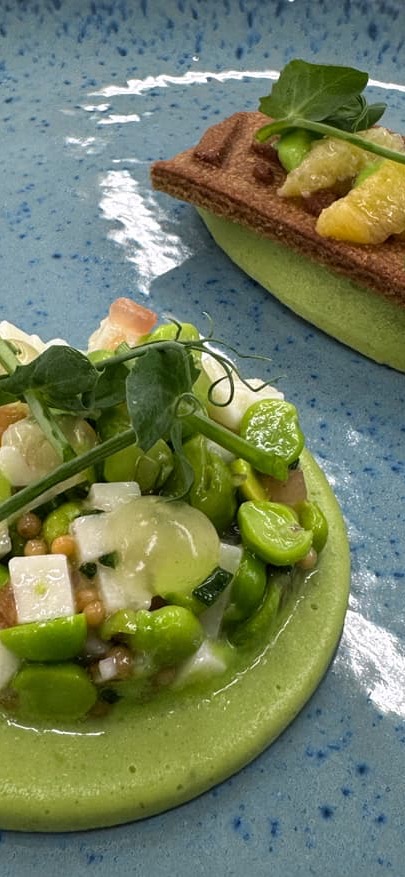 Plated gourmet dish with a smooth green purée base topped with fresh peas, diced vegetables, microgreens, and a light sauce; accompanied by a crisp rectangular garnish with citrus segments and greens on a blue ceramic plate.