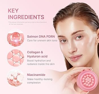 Model holding a jar of pink collagen cream beside text listing key ingredients: salmon DNA PDRN, collagen and hyaluronic acid, and niacinamide.