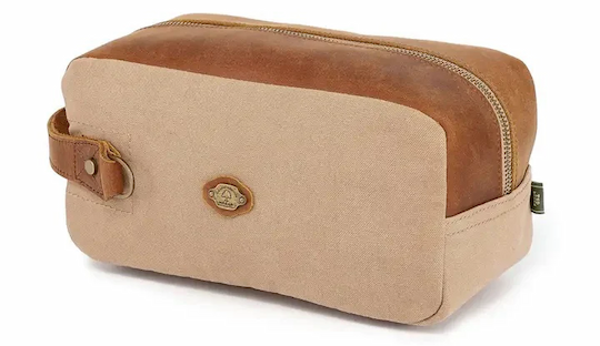 Canvas and leather toiletry bag with a zip closure. Fearrington Village.