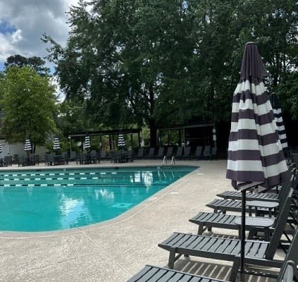 A resort-style outdoor swimming pool lined with black-and-white striped umbrellas and lounge chairs, surrounded by mature trees for a peaceful summer retreat. Fearrington Village.