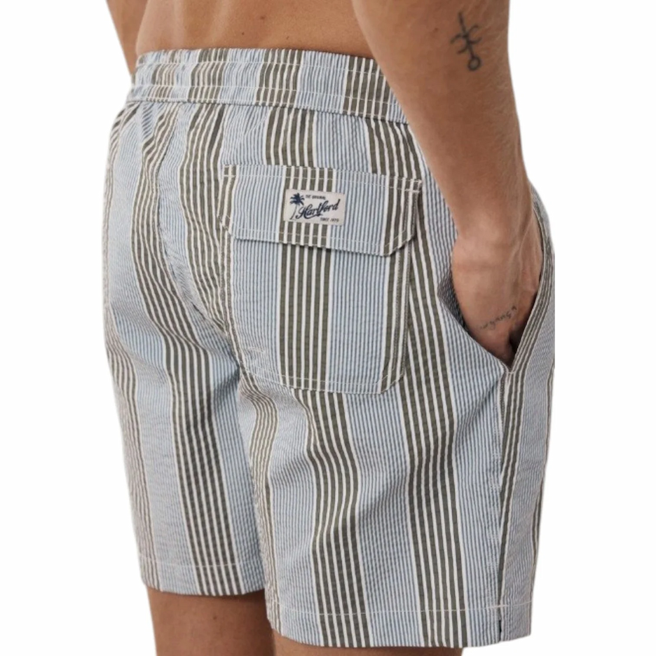 Men's blue and olive striped swim trunks with an elastic waistband and back flap pocket. Fearrington Village.
