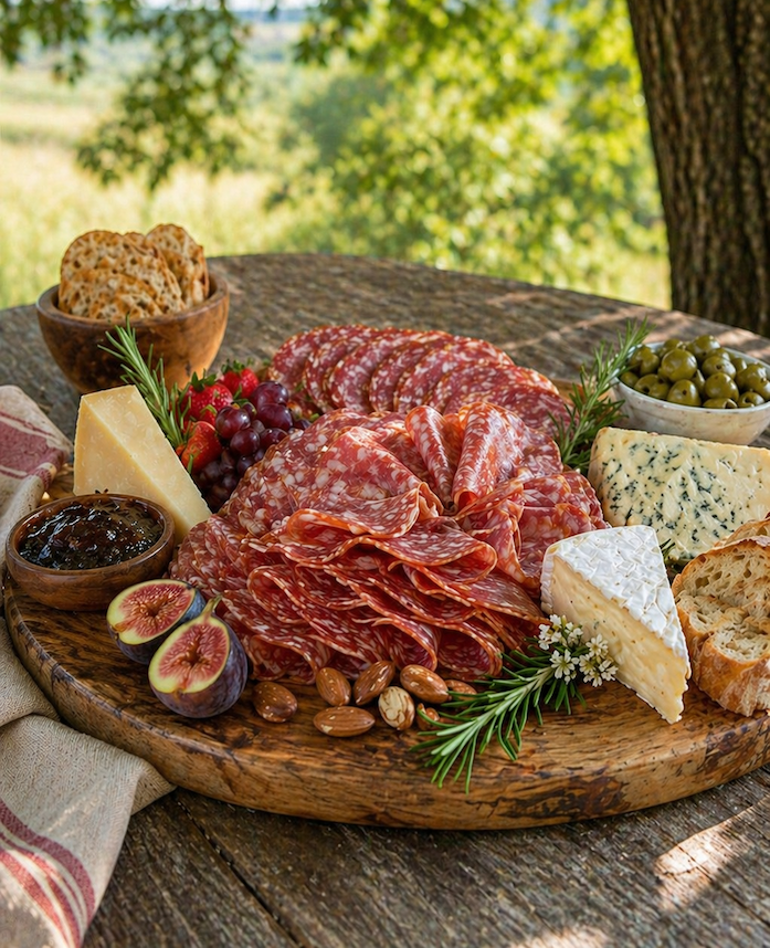A rustic charcuterie board is arranged outdoors on a wooden table beneath a tree, featuring folded slices of salami as the centerpiece, alongside cheeses, olives, bread, figs, grapes, nuts, and small bowls of spreads, all set against a soft, sunlit natural backdrop.