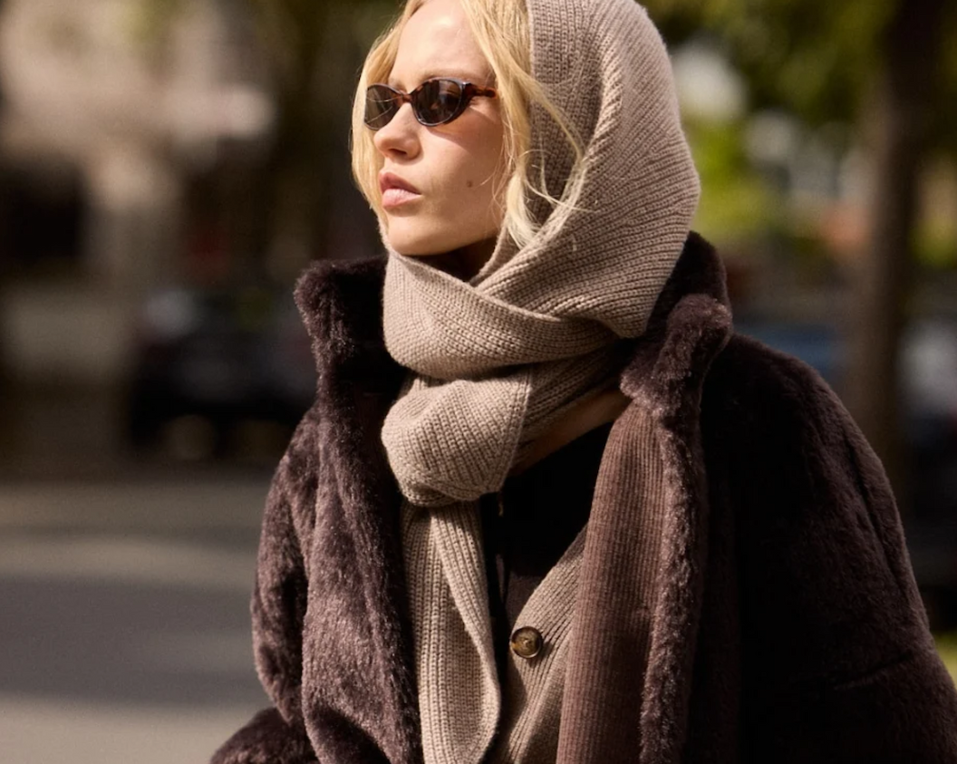 Woman wearing a taupe knit hooded scarf, sunglasses and a dark textured coat. Fearrington Village.