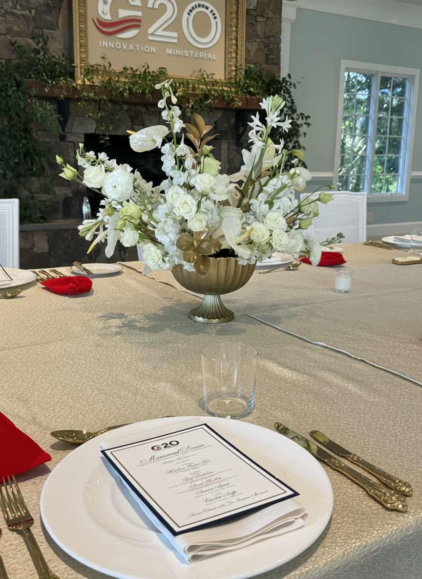 A formal table setting with a floral centerpiece and a G20 menu.