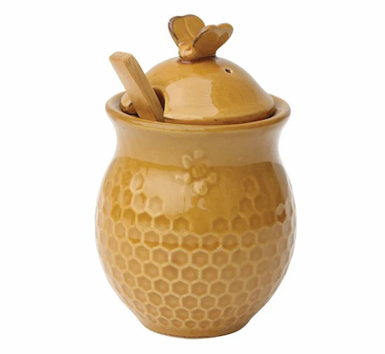 Honeycomb stoneware honey pot with wooden dipper, Fearrington Village.