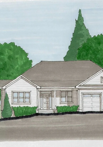 Architectural rendering of a single-story home with a two-car garage and landscaped front yard. Fearrington Village.