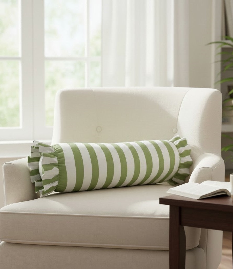 Green and white striped bolster pillow with ruffled ends, displayed on a white upholstered chair in a bright living room. Available at Dovecote at Fearrington Village.