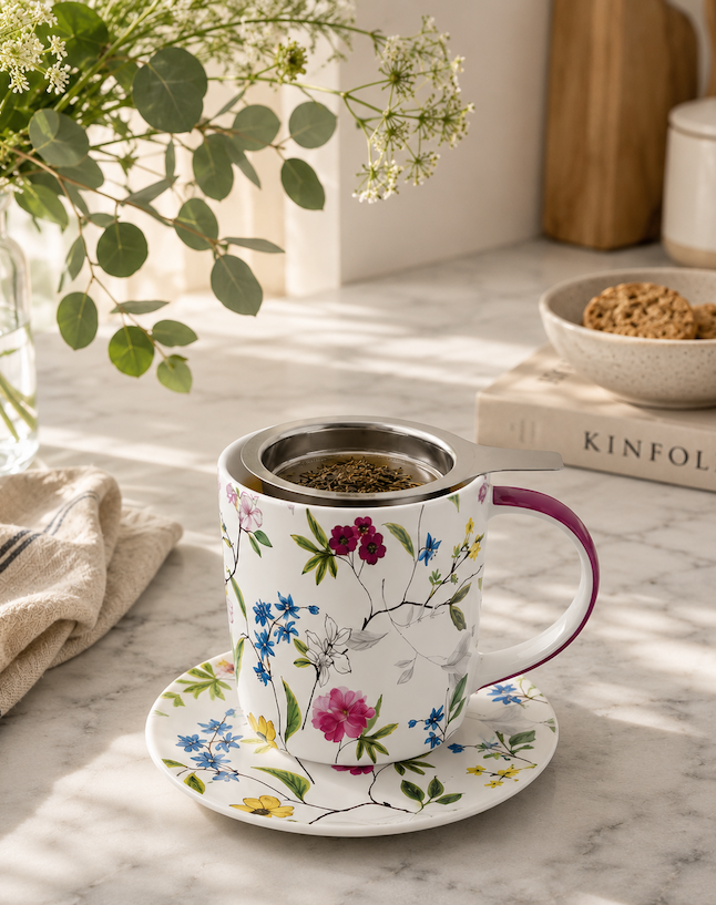 Floral tea mug with a stainless steel infuser brewing loose leaf tea on a matching saucer. Fearrington Village.