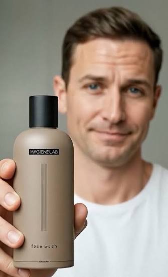 Man holding a bottle of Hygiene Lab face wash. Fearrington Village.