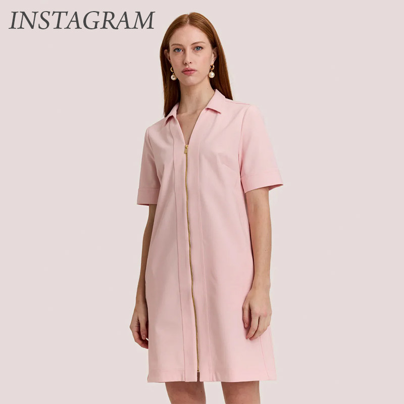 Model wearing a pale pink short-sleeve shift dress with a front gold zipper and pointed collar, styled with drop earrings against a neutral background.