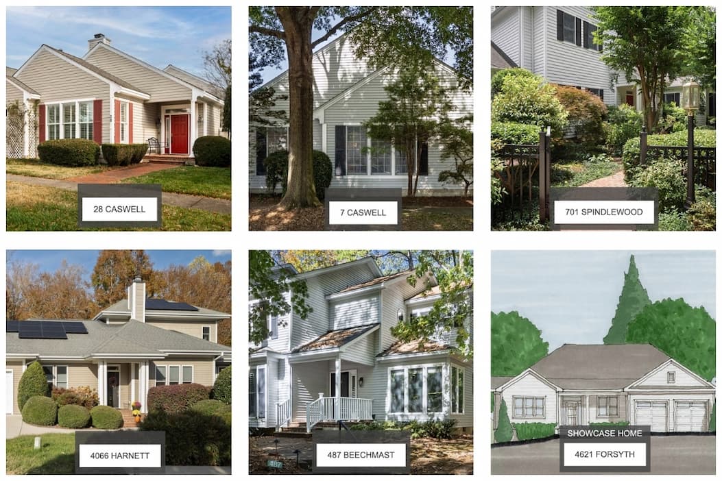 Grid of six home images showing recent and featured real estate listings, including exterior photos of cottages and townhomes with landscaped yards, each labeled with its address and listing status.