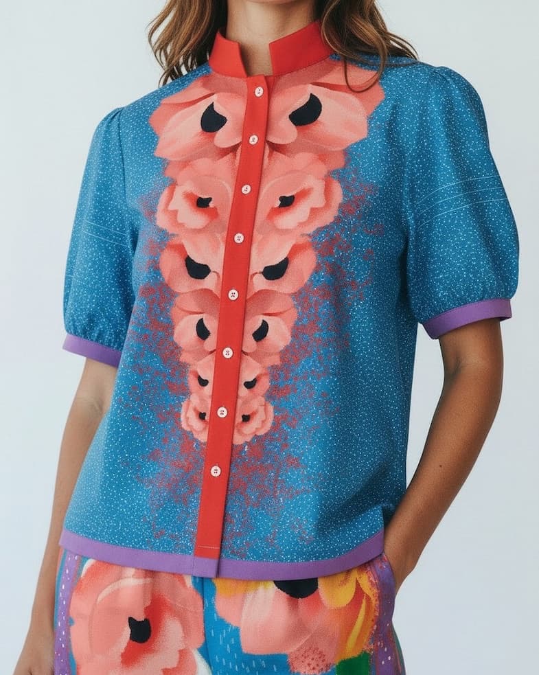 A close-up of a structured blouse in vibrant blue features a bold, symmetrical floral print in coral and pink running down the front. The design is framed by a contrasting red placket and collar, with subtle purple trim at the sleeves and hem. The silhouette is clean and slightly tailored, balancing graphic impact with polished detail.