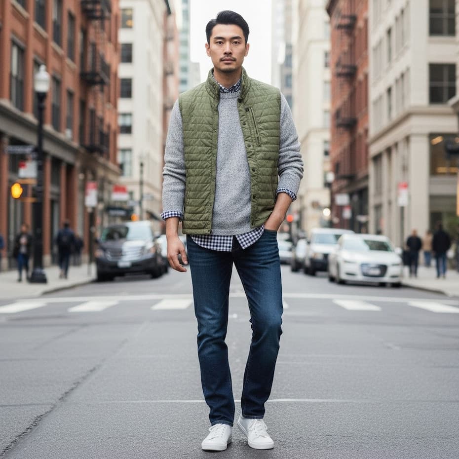 A man walks confidently down a city street wearing a quilted olive-green vest layered over a light gray sweater and a blue-and-white check shirt. Dark denim jeans and white sneakers complete the casual, polished look. Surrounded by brick buildings and urban architecture, the outfit blends comfort, versatility, and modern style, making it ideal for cool-weather days in the city.