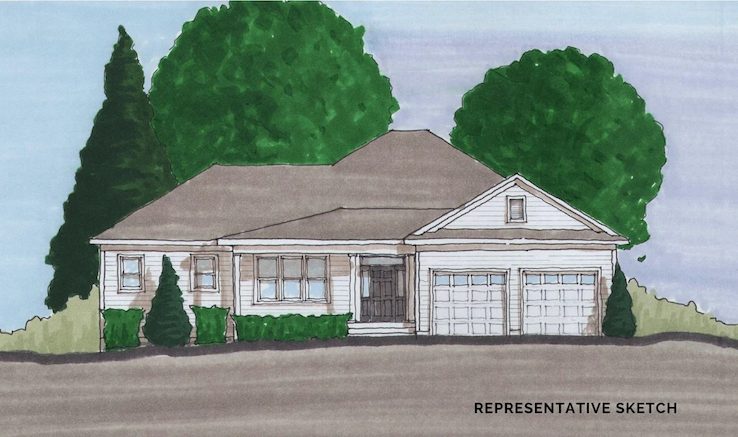 Architectural rendering of a single-story suburban home with a covered front porch and attached two-car garage. The hand-drawn sketch features a neutral-colored exterior, symmetrical landscaping with shrubs and small evergreen trees, and mature trees in the background. Labeled "Representative Sketch," the illustration presents a concept view of the home's design, highlighting its traditional architecture, welcoming entryway, and curb appeal.