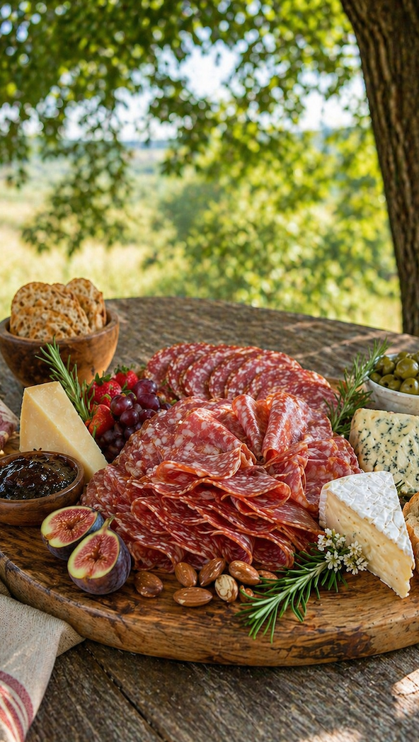 A rustic charcuterie board is set on a wooden table outdoors beneath a tree, featuring a generous arrangement of folded salami at the center, surrounded by cheeses, olives, bread, figs, grapes, nuts, and small bowls of spreads, all in soft, dappled sunlight.