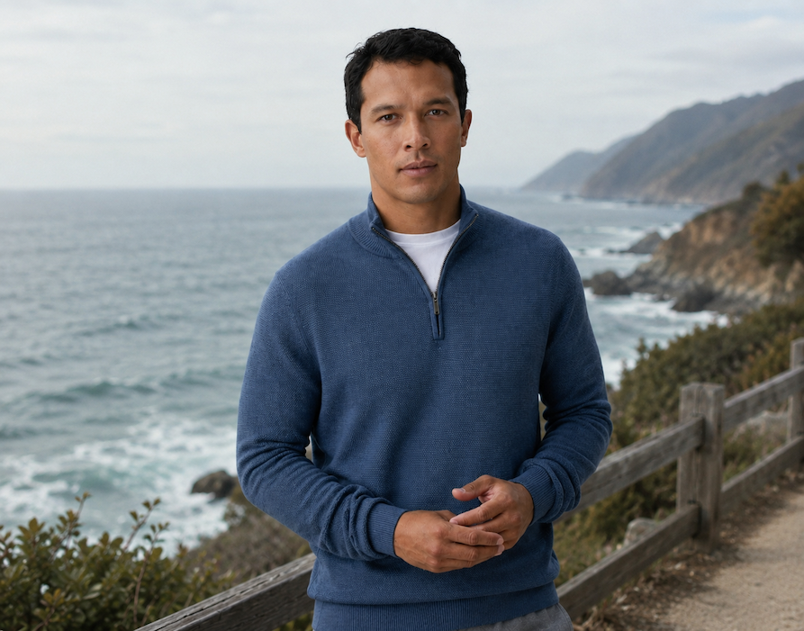 Man in a blue quarter-zip sweater standing on a coastal path, with ocean waves and rugged cliffs behind him, under soft, overcast light.