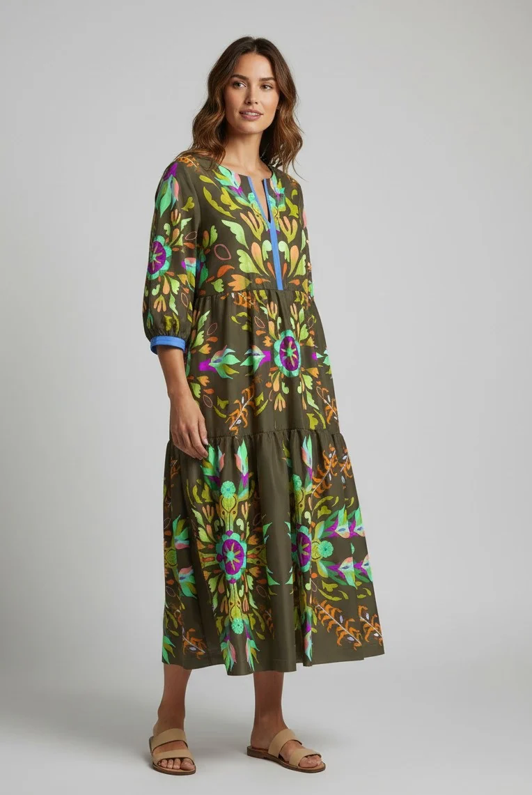 A model stands against a neutral background wearing a relaxed, mid-length dress in an olive tone with vibrant multicolored floral patterns, styled with simple flat sandals.